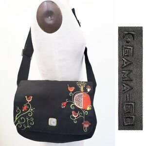 GAMA-GO Womens Messenger Bag Black Flowers and Birds Embroidery